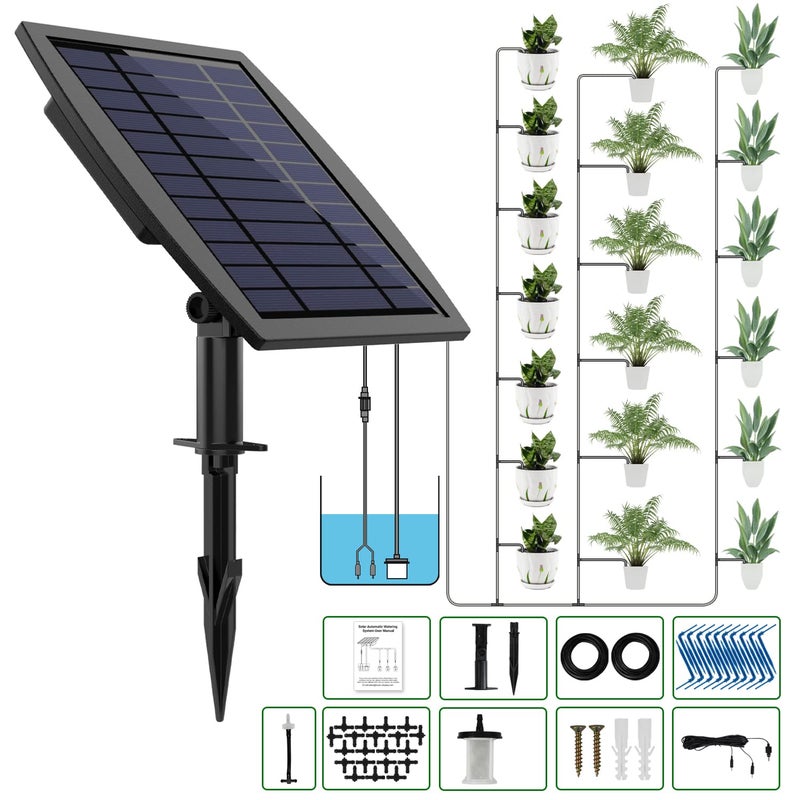 JIYANG Solar Automatic Drip Irrigation Kit System, Solar Powered Auto Easy DIY Watering Device Supported Pots Plants, 12 Timing Modes with Anti-Siphoning Device (Supported 20-30 Pots, 12Timing Modes) - Image 1